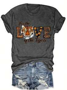 Calvaya 大码女式夏季字母和老虎印花圆领短袖休闲T恤图案上衣 - 深灰色 - 查看 1