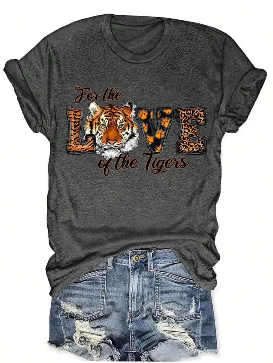 Calvaya 大码女式夏季字母和老虎印花圆领短袖休闲T恤图案上衣 - 深灰色 - 查看 1