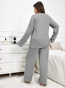 RueChic 100% Cotton 2pcs Plus Butterfly Embroidery Detail PJ Set - Grey - View 2