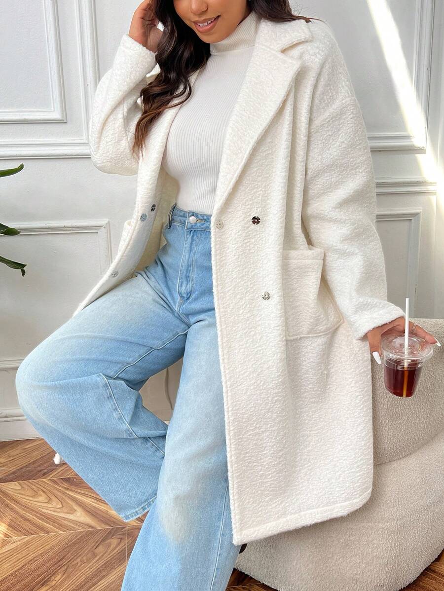 CovetEZ Plus Size Faux Lapel Collar Coat In Beige - Beige - View 1