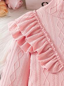 SHEIN Tween 女童针织提花荷叶边领高领连衣裙 - 粉色 - 查看 4