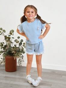 SHEIN Young Girl Comfortable Casual Lace Trimmed Short-Sleeved T-Shirt And Shorts Set - Blue - View 9
