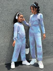 SHEIN Essnce Women's 2pcs Women's Tie Dye Crew Neck Long Sleeve Top And Pants Casual Set Street-Style Tie Dye Knit Crew Neck Long Sleeve Sweatshirt & Long Pants Sibling/Matching Outfits (Sold Separately) - Multicolor - View 2