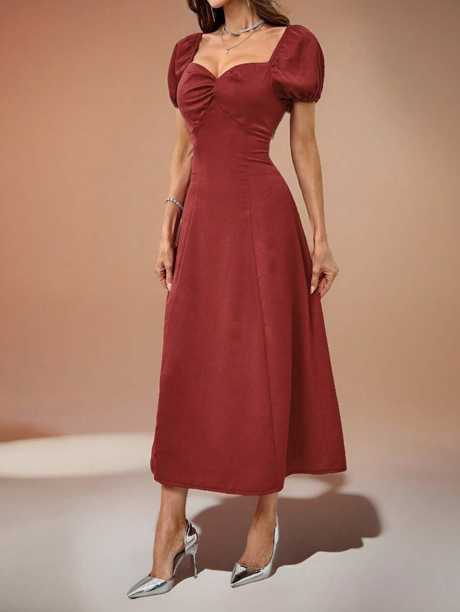 SHEIN Belle 女士纯色泡泡袖鸡尾酒会礼服，适合圣诞派对 - 紅色 - 查看 1