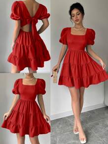 RosyDaze Vestido nuevo 2025 de verano con cuello halter, mangas abullonadas, espalda descubierta, lazo y dobladillo con volantes en color rojo, para uso en conciertos, playa, vacaciones y ocio