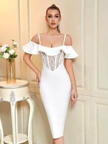 ADYCE Exaggerated Ruffle Trim Strap Sheer Mesh Lace Backless Bodycon Bandage Dress