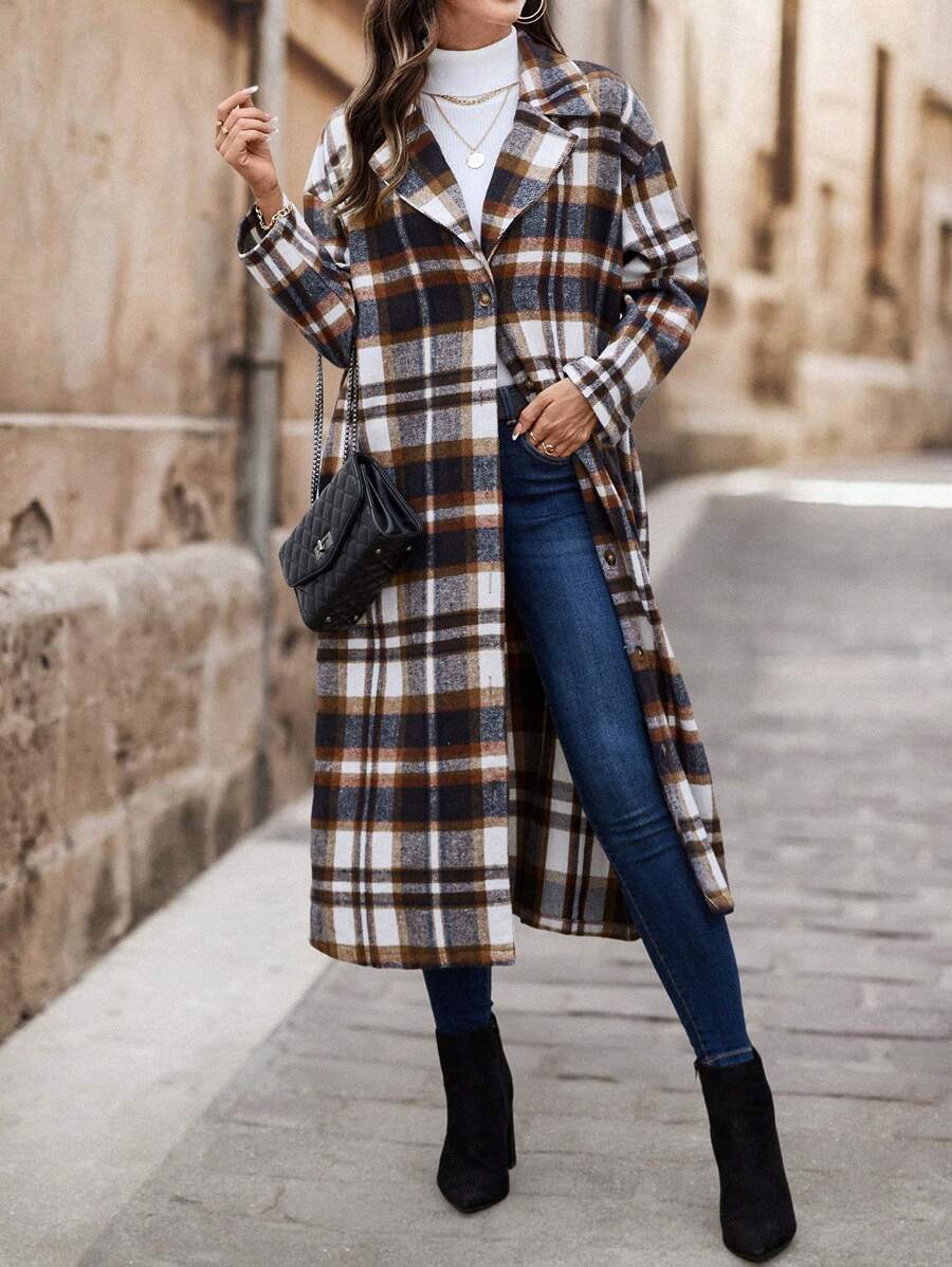 SHEIN Clasi 女式格子印花翻领宽松外套 - 彩色 - 查看 1