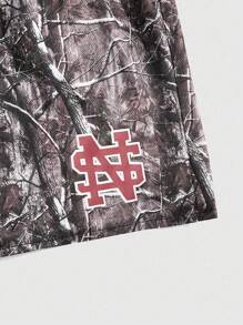 ROMWE MEN Prep Quần short nam họa tiết cành cây có dây rút eo rộng rãi họa tiết rằn ri thường ngày - Nhiều màu - Xem 4