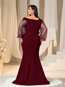 Faeriesty Curve Elegant Plus-Size Off-The-Shoulder Formal Evening Dress With Dramatic Lantern Sleeves And Flattering Mermaid Silhouette For Sophisticated Black-Tie Galas, Formal Weddings, Charity Balls, Corporate Award Dinners, And High-End Social Club Events. - Burgundy - View 3