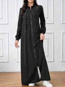 Al Najma 女士时尚端庄优雅迷人长袖拉链长袍 Abaya，休闲运动立领前拉链闭合长袍，适合日常休闲/工作/返校 - 黑色 - 查看 4