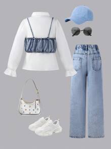 SHEIN Conjunto de ropa informal de 3 piezas para niña preadolescente, estilo Y2K, con camiseta de tirantes con bordado de corazón a juego con camisa y jeans