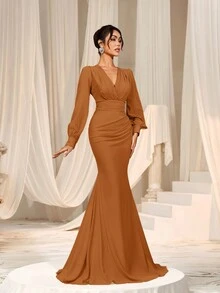Faeriesty Women Elegant Elegant Cross-Over V-Neck Lantern Sleeve Mermaid Hem Dress - Sophisticated Timeless Design For Spring/Summer Weddings, Galas, Red Carpet Bridesmaid Dress,Summer Holiday Outfits - Rust Brown - View 5