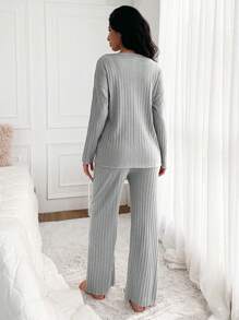 EURMUSE Bộ đồ ngủ cổ tròn in chữ và vương miện 100% cotton cho nữ và quần dài - Xám - Xem 2