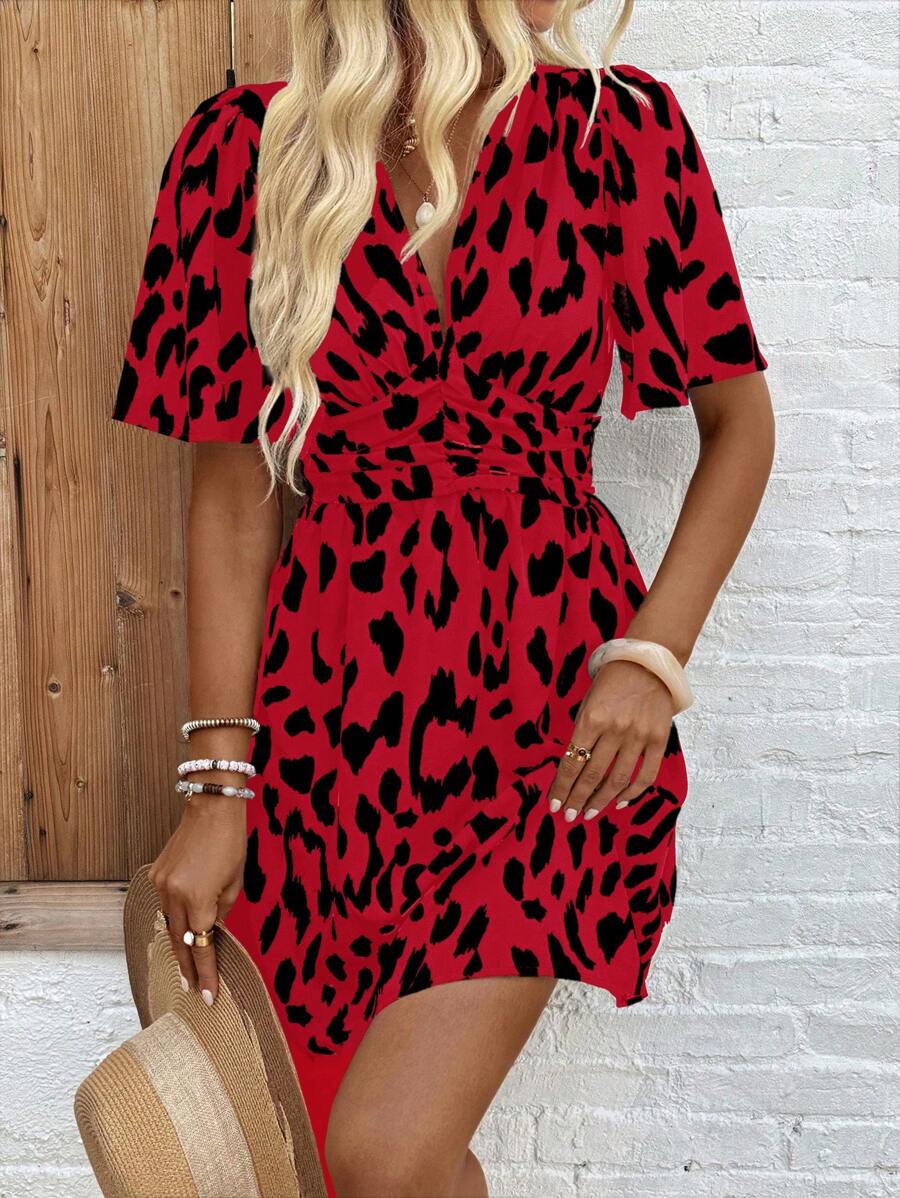 Breezaya V-Neck Short Sleeve Allover Print Ruched Hem Casual Mini Dress (Allover Print Pattern Asymmetric) - Red - View 1