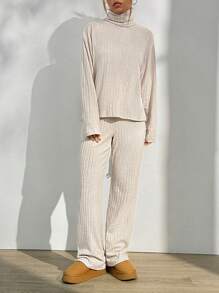 Flirla Set de 2 piese pentru femei, cu guler înalt, cu mânecă lungă, de culoare uni, de top minimalist și cu picior drept. - Caisă - Vizualizare 3