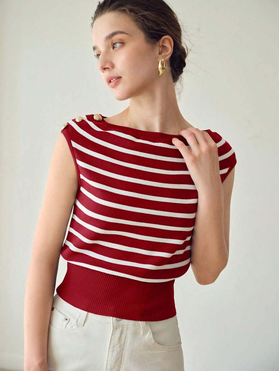 MOTF PREMIUM STRIPED PATTERN GOLD BUTTON SHOULDER BATWING SLEEVE WIDE HEM KNIT TOP - Red and White - View 1