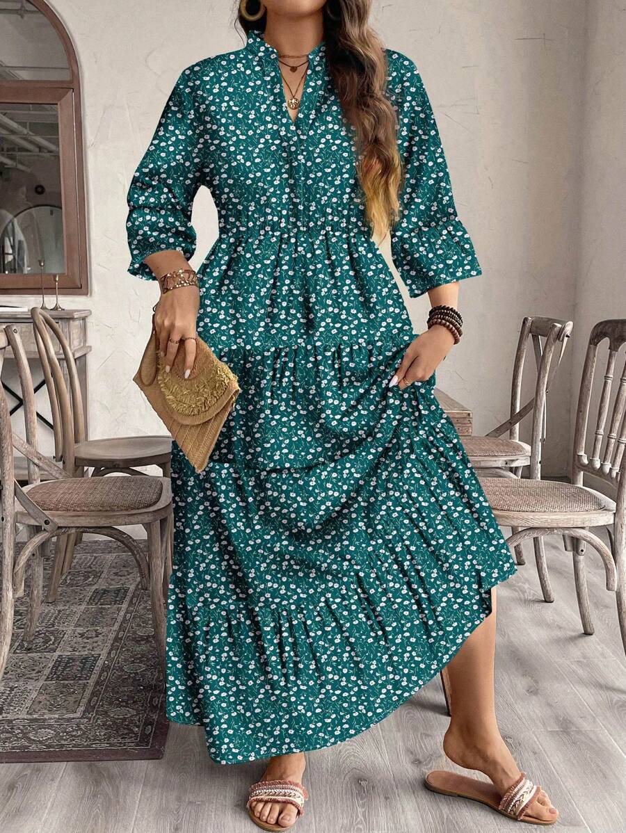 EMERY ROSE 大码休闲优雅小花朵全印花中长连衣裙，收腰设计，适合秋冬季 - 綠色 - 查看 1