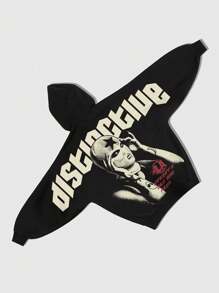 ROMWE MEN Street Life 男士蝙蝠袖字母图案印花拉链连帽衫，适合日常穿着，春夏款 - 黑色 - 查看 1