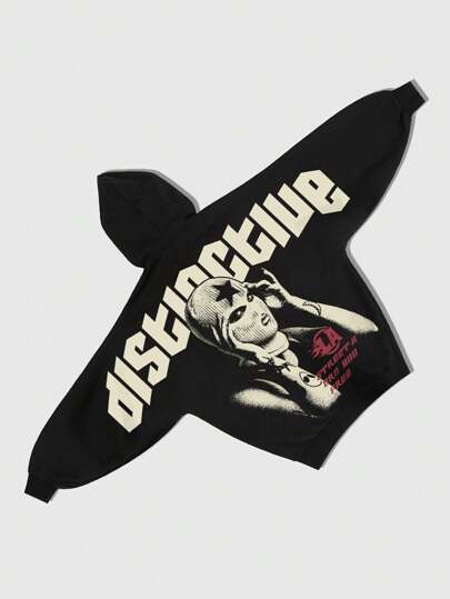 Street Life Men's Batwing Sleeve Letter & Figure Print Zip-Up Hoodie, Suitable For Everyday Wear, Spring/Summer