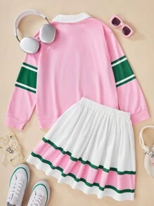 SHEIN Explorewe 2pcs Tween Girl Casual Fashion Collared Sweatshirt And Mini Skirt Set