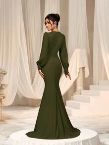 Faeriesty Women Elegant Elegant Cross-Over V-Neck Lantern Sleeve Mermaid Hem Dress - Sophisticated Timeless Design For Spring/Summer Weddings, Galas, Red Carpet Bridesmaid Dress,Summer Holiday Outfits - Army Green - View 3