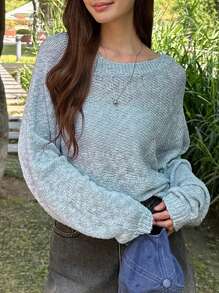 DAZY 女式纯色宽松圆领轻薄套头衫，适合秋季换季穿着 - 淺藍色 - 查看 6