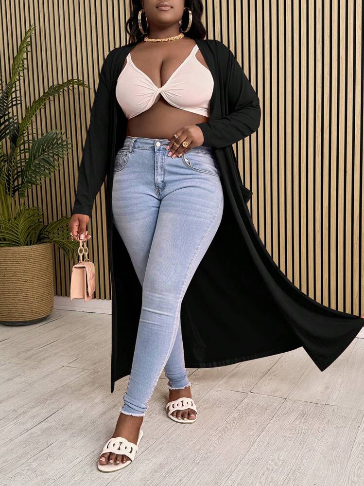 Slaydiva Plus Size Casual & Daily Solid Orange Loose Pocketed Long Cardigan Sweater Coat For Women, Spring Autumn Winter Fall - Black - View 6