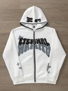 Manfinity EMRG 宽松男士字母印花连帽卫衣，带保暖内衬，适合秋冬季节，长袖上衣 - 白色 - 查看 6