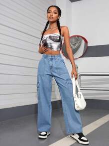 SHEIN PETITE Pantalones vaqueros rectos casuales de moda con botón en la cintura y bolsillos laterales para mujer