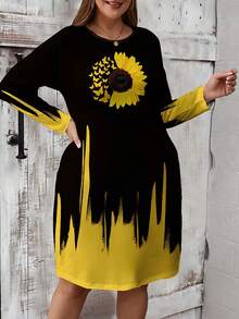 SHEIN LUNE Vestido informal con mangas largas, cuello redondo, longitud por debajo de la rodilla, con bolsillos laterales, estampado degradado de girasol y flores, talla grande, otoño - Negro - Ver 3
