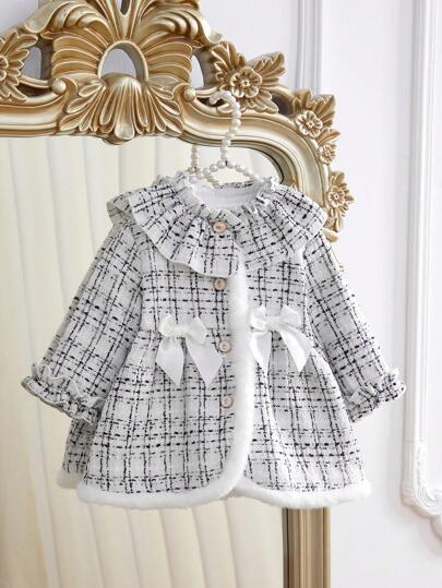 SHEIN 女宝宝甜美荷叶边领毛绒蕾丝粗针织外套秋冬季圣诞节