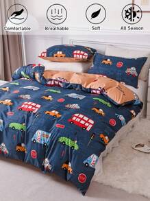 3 件汽车图案印花羽绒被套套装，可爱卡通返校宿舍床上用品套装，四季皆宜，柔软透气，可机洗（1 个羽绒被套 + 2 个枕套）
