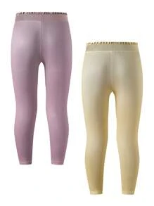 2pcs Tween Girl Plain Color Ribbed Waist Trim Long Leggings Set - Multicolor - View 2