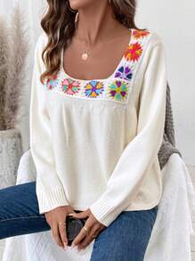SHEIN LUNE Square Neck Floral Embroidery Long Sleeve Sweater, Random Flower Color Knit Pullover Fall Winter Outfit