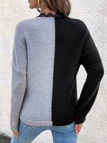 SHEIN LUNE 女士V领双色睫毛蕾丝边蝙蝠袖长袖针织毛衣，秋冬款 - 彩色 - 查看 2