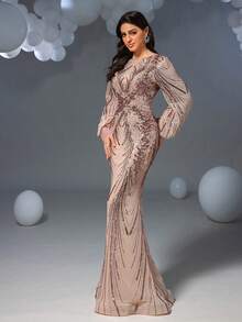 Faeriesty Elegantes Abendkleid für Damen mit elegantem rundem Ausschnitt, durchgehender funkelnder Pailletten-Stickerei, dramatischen Laternenärmeln, schmeichelhafter figurbetonter Silhouette und Meerjungfrau-Saum für Gala-Events, Jubiläumsbälle, Feierlichkeiten, formelle Abendessen und Abendgalas, Sommerurlaubs-Outfits, Hochzeitsfrühlingsfeste - Champagnerfarben - Übersicht 4