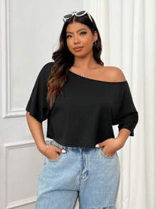CovetEZ Plus Size Basic Loose Fit Dropped Shoulder Short Black Tee - Black - View 6