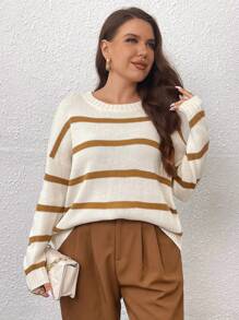 Celure Áo len nữ cỡ lớn kẻ sọc cổ tròn tay raglan, kiểu dáng thường ngày, thích hợp cho mùa xuân và mùa thu, áo len dệt kim mùa thu. - Lạc đà - Xem 7