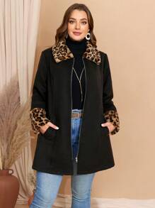 Plus Size Fall Curve Thanksgiving Women Leopard Print Patchwork Woolen Overcoat, Autumn Winter - Black - View 6