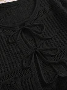 CosyJoli Plus Size Casual Vacation Crochet Front-Tie Loose Fitted Women's Apricot Cropped Long Sleeve Cardigan, For Winter Fall,Slightly Sheer