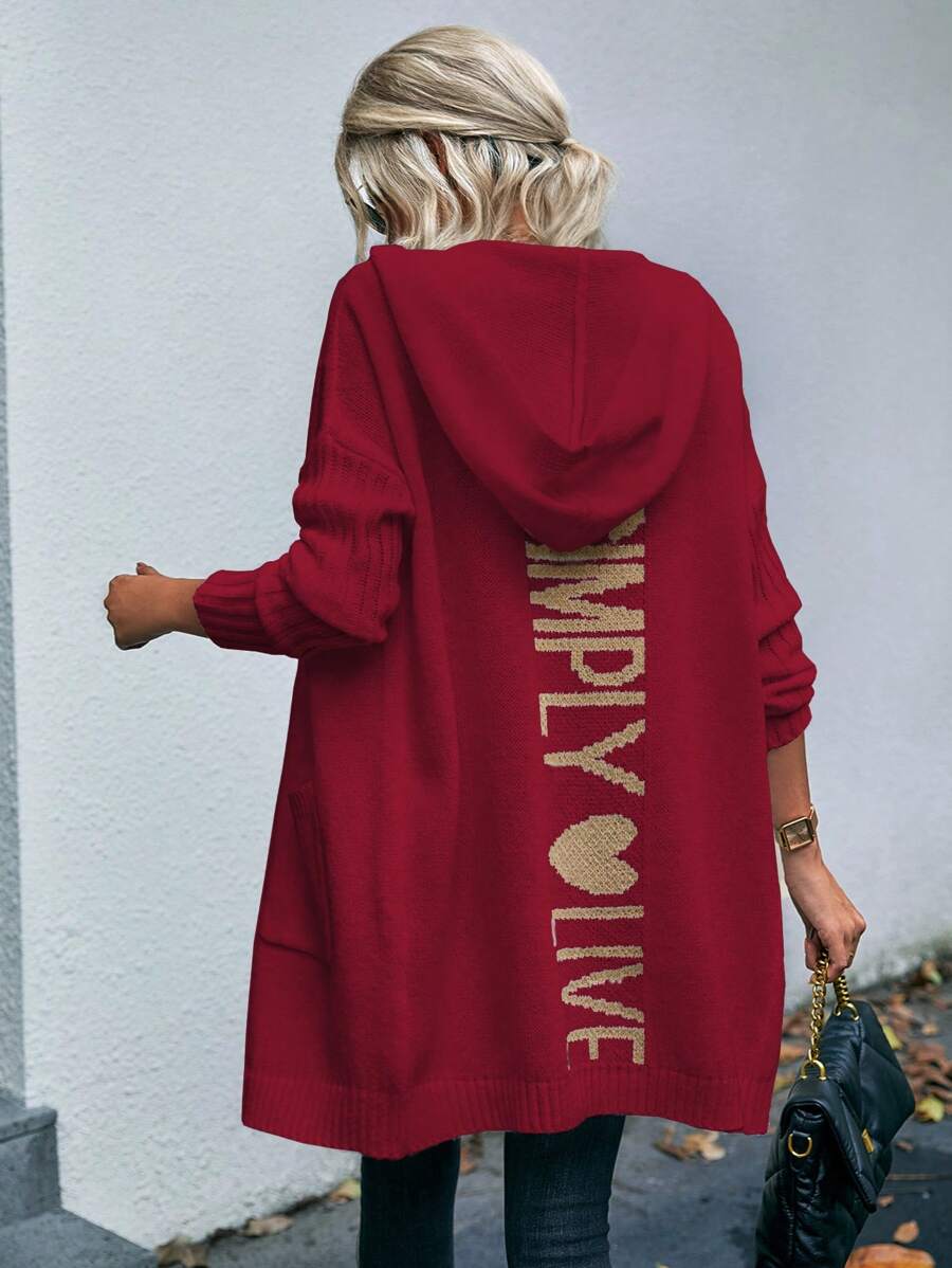 SHEIN LUNE Women's Simple Printed Hooded Long Sleeve Cardigan - Multicolor - View 1