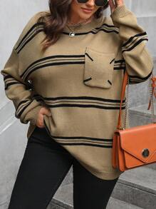 SHEIN LUNE Plus Size Striped Print Pocketed Crew Neck Long Sleeve Pullover Sweater