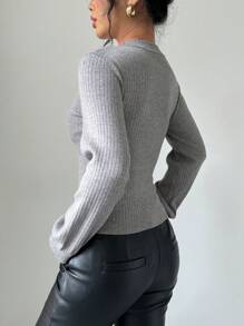 Chiquease Dam Enfärgad Ihålig Långärmad Tröja, Stickad Pullover Höst Vinter - Grå - Visa 2
