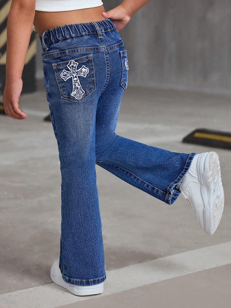 SHEIN Young Girl Blue Denim Stretch Flared Jeans With Cross