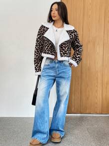 SHEIN EZwear 秋冬豹纹蓬松短外套，长袖 - 棕色 - 查看 4