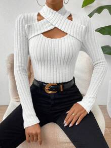Chiquease Women Cross Neck Hollow Slim Graceful Elegant Charm Long Sleeve T-Shirt Fall Cloth For Women - White - View 6