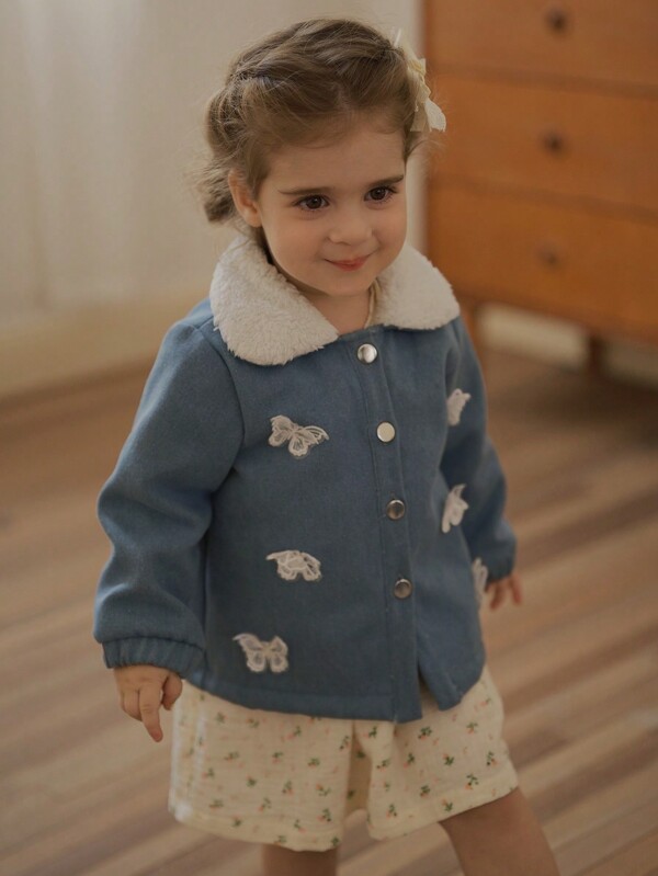 SHEIN Abrigo con capucha abrigado y esponjoso con bordado para bebés niñas, ideal para invierno