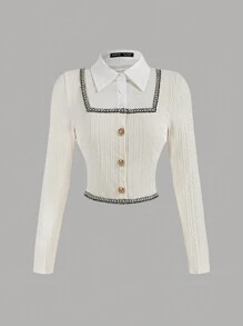 SHEIN MOD Women's Spring & Summer Turndown Collar Long Sleeve Cable Knit Patchwork Shirt,Women Polo Shirt,Work Women Shirts,Long Sleeve Shirt,Collared Women Fall Shirt,Collared Women Shirt,Button Down Blouse,Long Sleeve Tops