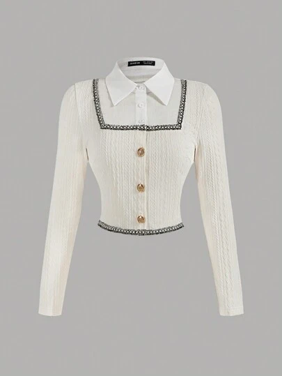 SHEIN MOD Women's Spring & Summer Turndown Collar Long Sleeve Cable Knit Patchwork Shirt,Women Polo Shirt,Work Women Shirts,Long Sleeve Shirt,Collared Women Fall Shirt,Collared Women Shirt,Button Down Blouse,Long Sleeve Tops