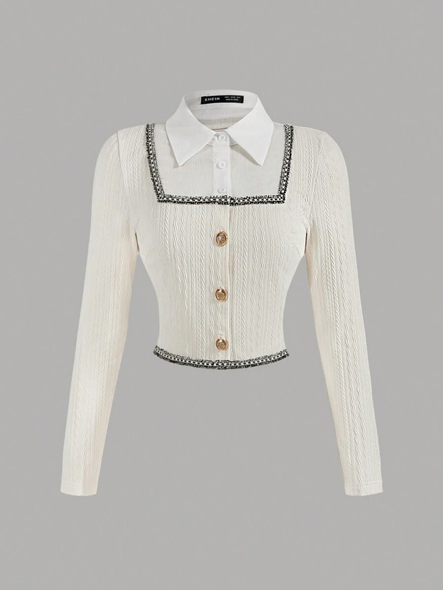 SHEIN MOD Women's Spring & Summer Turndown Collar Long Sleeve Cable Knit Patchwork Shirt,Women Polo Shirt,Work Women Shirts,Long Sleeve Shirt,Collared Women Fall Shirt,Collared Women Shirt,Button Down Blouse,Long Sleeve Tops